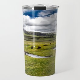 Yellowstone, Home on the range, American buffalo / bison grazing in spring fields of green river prairie landscape color photograph / photography Travel Mug
