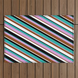 [ Thumbnail: Eye-catching Light Sea Green, Plum, Brown, White, and Black Colored Pattern of Stripes Outdoor Rug ]