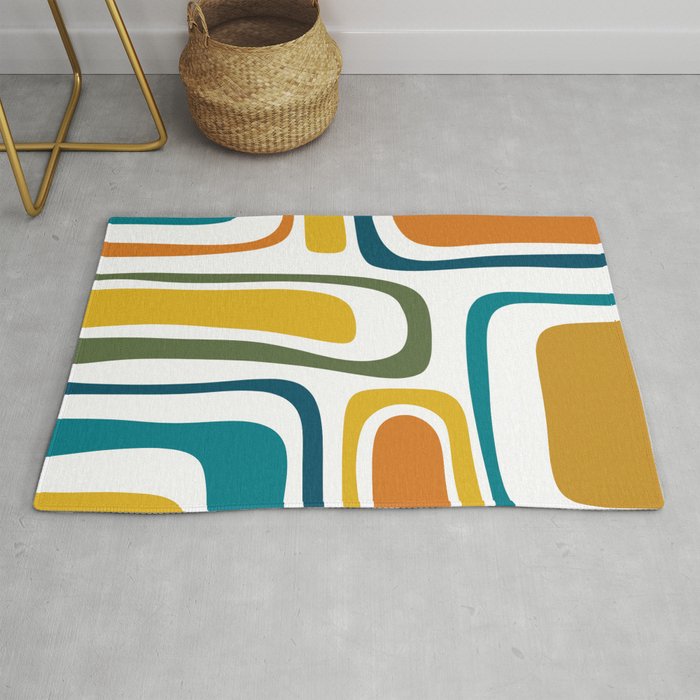 Palm Springs Midcentury Modern Abstract in Moroccan Teal, Orange, Mustard, Olive, and White Rug