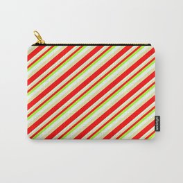 [ Thumbnail: Light Green, Mint Cream, Pale Goldenrod & Red Colored Stripes/Lines Pattern Carry-All Pouch ]