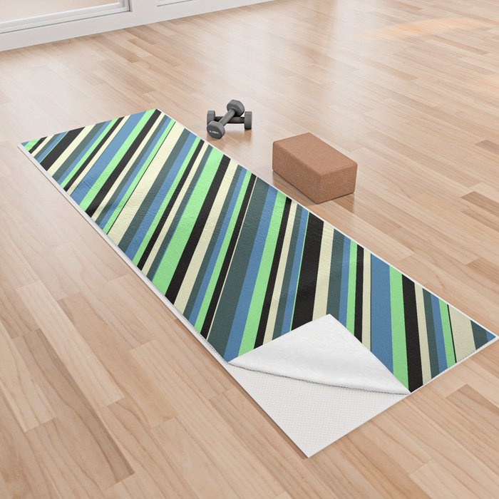 Colorful Green, Blue, Dark Slate Gray, Light Yellow, and Black Colored Stripes/Lines Pattern Yoga Towel