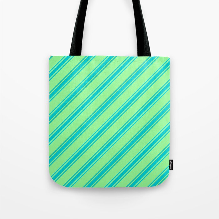 Green & Dark Turquoise Colored Lines/Stripes Pattern Tote Bag