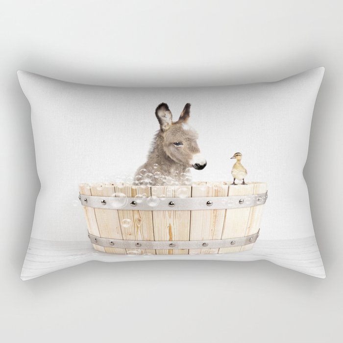 Baby Donkey in a Wooden Bathtub, Donkey Taking a Bath, Bathtub Animal Art Print By Synplus Rectangular Pillow