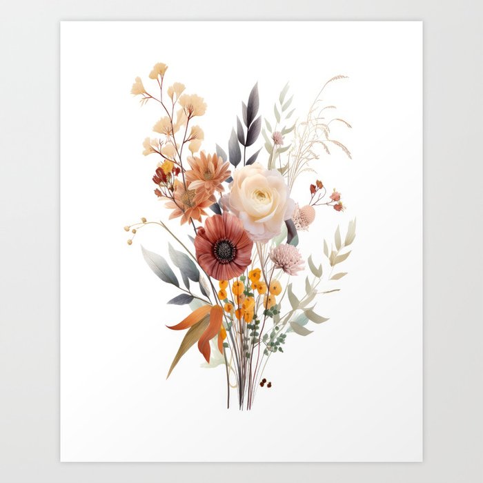 Boho Floral Botanical Print with Shades of Rose, Peach, Yellow, Beige White and Blue Art Print