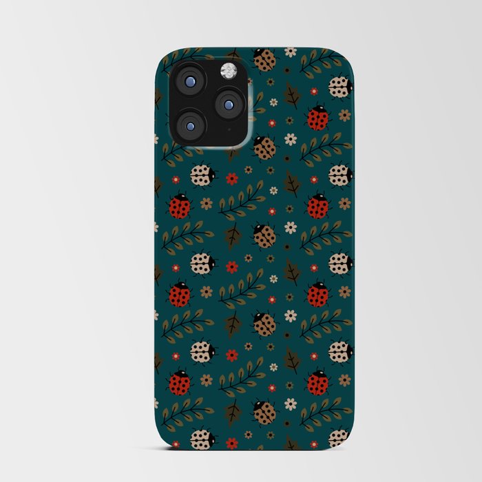 Ladybug and Floral Seamless Pattern on Teal Blue Background iPhone Card Case