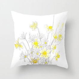 white daisy and yellow daffodils ink and watercolor Throw Pillow