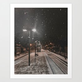 Snowy Streets at Night Art Print