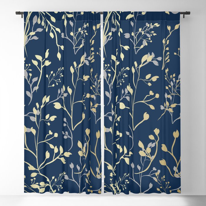 Floral Leaves, Navy Blue and Gold, Wall Art Prints Blackout Curtain