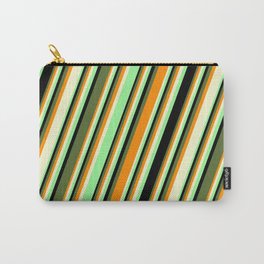 [ Thumbnail: Colorful Dark Orange, Light Yellow, Green, Black, and Dark Olive Green Colored Pattern of Stripes Carry-All Pouch ]
