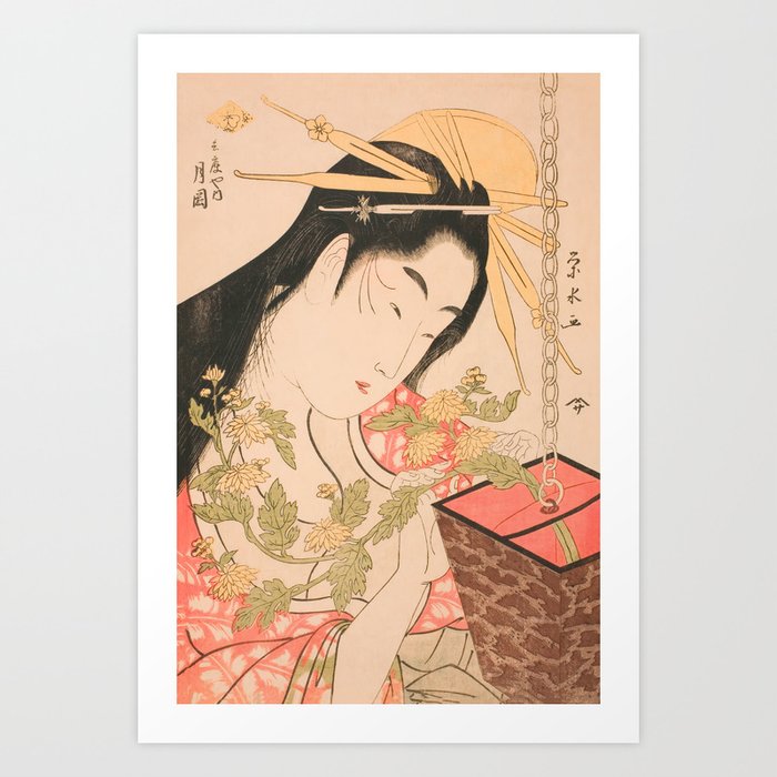 Geisha with Chrysanthemum Flower Vintage Japanese Ukiyo-e Art Print
