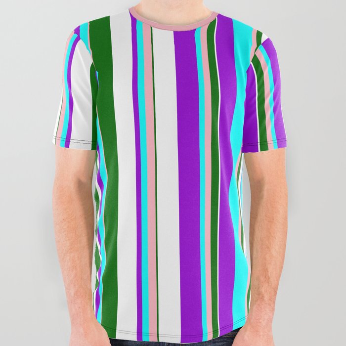 Eye-catching Dark Violet, Cyan, Light Pink, Dark Green, and White Colored Lined Pattern All Over Graphic Tee
