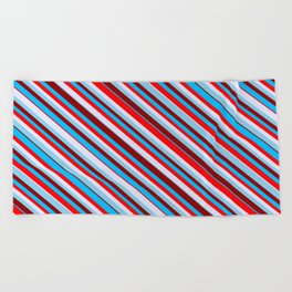 [ Thumbnail: Eyecatching Sky Blue, Dark Red, Deep Sky Blue, Red & Lavender Colored Lines/Stripes Pattern Beach Towel ]