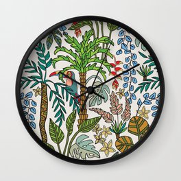 COLORING BOOK JUNGLE FLORAL DOODLE TROPICAL PALM TREES WITH TOUCAN in RETRO 70s COLORS Wall Clock