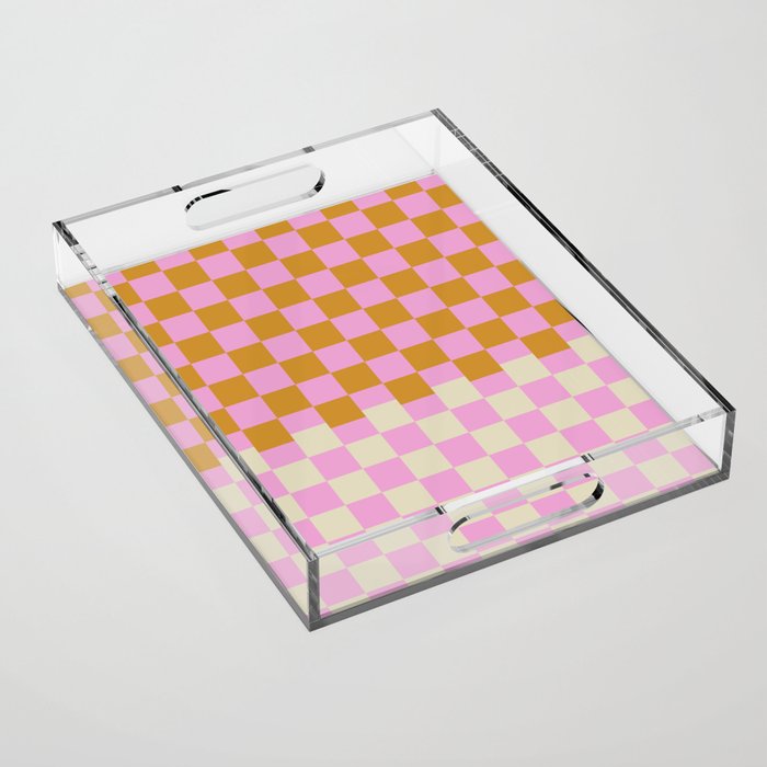 Retro Checkered Gingham in Orange and Pink  Acrylic Tray