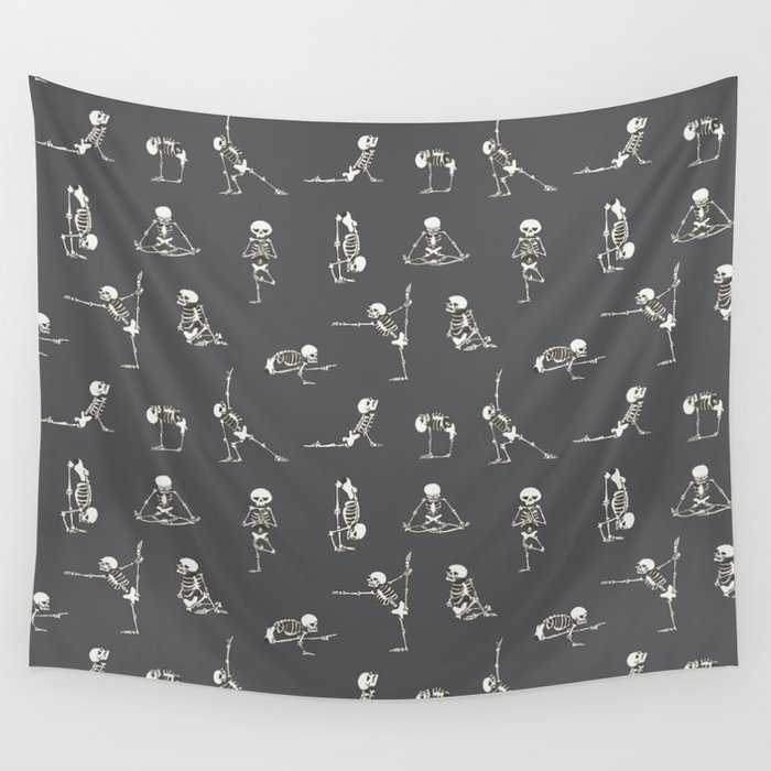 Skeleton Yoga_Gray Wall Tapestry