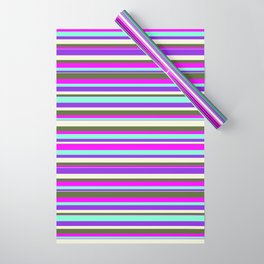 [ Thumbnail: Vibrant Aquamarine, Purple, Beige, Dark Olive Green & Fuchsia Colored Stripes Pattern Wrapping Paper ]
