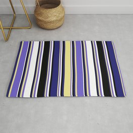 [ Thumbnail: Colorful Midnight Blue, Tan, Slate Blue, White, and Black Colored Lined/Striped Pattern Rug ]