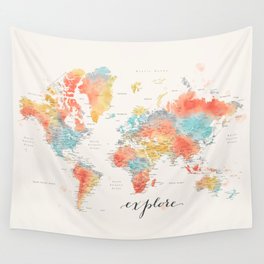 "Explore" - Colorful watercolor world map with cities Wall Tapestry
