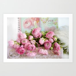 Shabby Chic Cottage Pink Floral Ranunculus Peonies Roses Print Home Decor Art Print