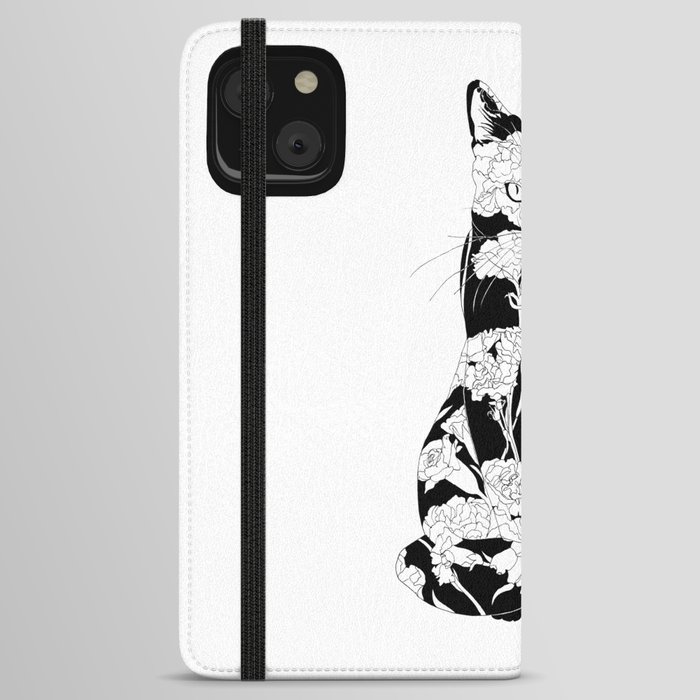 Carnation Cat - Floral Pattern in Black and White iPhone Wallet Case