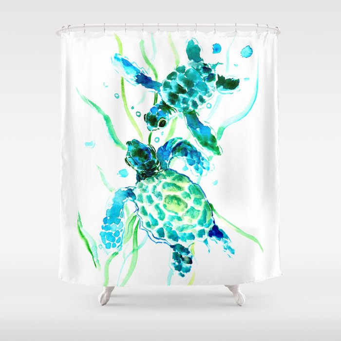Sea Turtles, Turquoise blue Design Shower Curtain by SurenArt