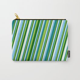 [ Thumbnail: Light Sky Blue, Teal, Green, Dark Green, and Mint Cream Colored Striped Pattern Carry-All Pouch ]
