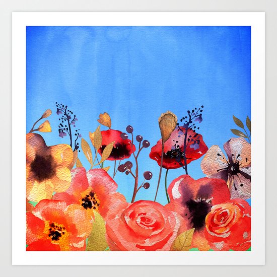 Summer meadow with Flowers and Poppies in Twilight on #Society6 Art Print