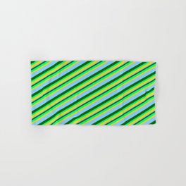 [ Thumbnail: Dark Green, Green, Yellow & Light Sky Blue Colored Lined Pattern Hand & Bath Towel ]