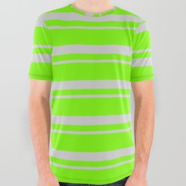 [ Thumbnail: Green and Light Grey Colored Pattern of Stripes All Over Graphic Tee ]