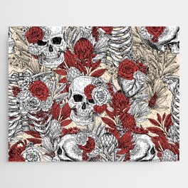 Skulls and Flowers Black Red White Beige Vintage Jigsaw Puzzle