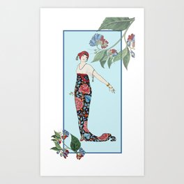 Woman Fine Art - Fashion Style - Blue red Flower Art Print