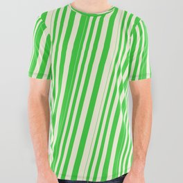 [ Thumbnail: Beige & Lime Green Colored Lined Pattern All Over Graphic Tee ]