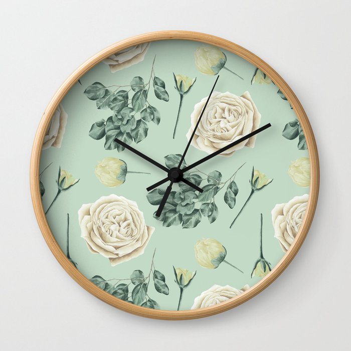 Rose Pattern Cream + Mint Green Wall Clock