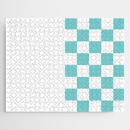 Turquoise Mint Green and White Chess With Solid White Vertical Split   Jigsaw Puzzle