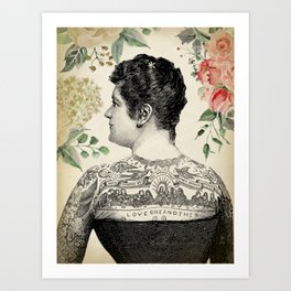 Tattooed Woman with Watercolor Flowers Print, Vintage Tattoo Art Print