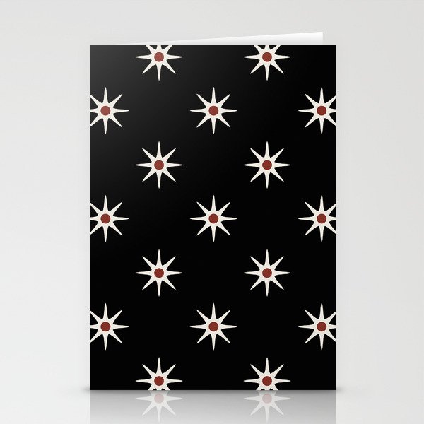 Atomic mid century retro star flower pattern in black background Stationery Cards