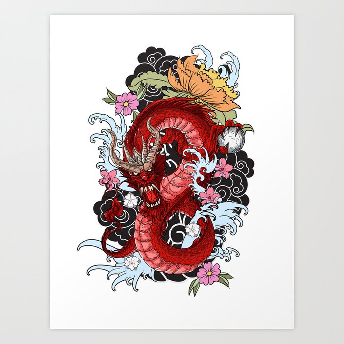 Hand Drawn Japanese Old Dragon Traditional Asian Tattoo Art Print by V I N H O U S E