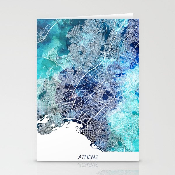 Athens Greece Map Navy Blue Turquoise Watercolor Stationery Cards