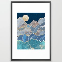 Gold Grey Blue Metallic Moon Mountains Framed Art Print