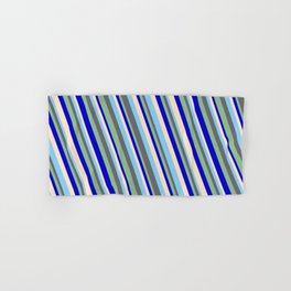 [ Thumbnail: Light Sky Blue, Dim Gray, Dark Sea Green, Blue & Bisque Colored Lined/Striped Pattern Hand & Bath Towel ]