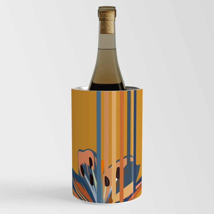 Lily - Blue Floral Stripe Art Pattern on Yellow Wine Chiller