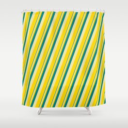 [ Thumbnail: Teal, Pale Goldenrod & Yellow Colored Lines Pattern Shower Curtain ]