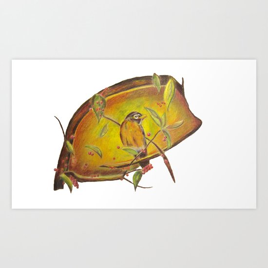 Festive Christmas Bird on a Berry Tree for Autumn and the Holidays Art Print