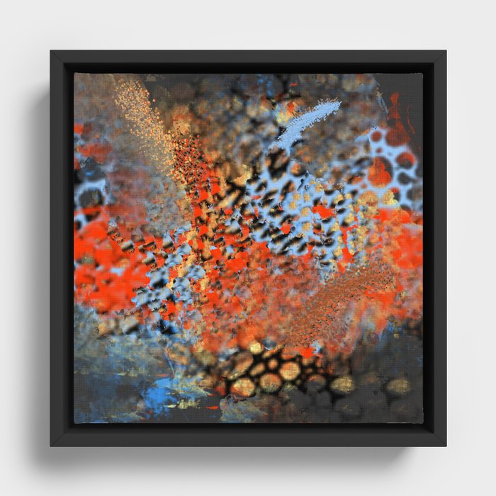 Blue, Orange, Black, Explosion Abstract Framed Canvas