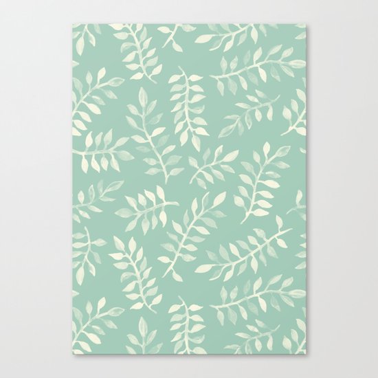 Painted Leaves - a pattern in cream on soft mint green Canvas Print