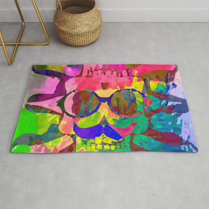 old vintage funny skull art portrait with painting abstract background in red pink yellow green blue Rug