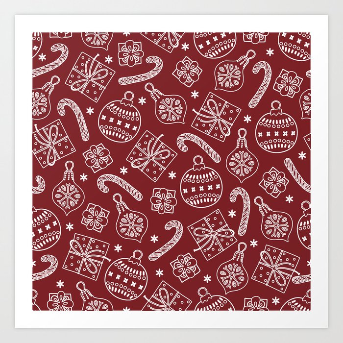 Christmas Doodle Pattern Red Art Print