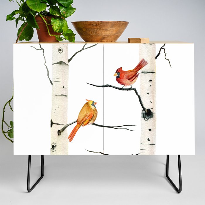 Cardinal Couple in Birch Trees Credenza