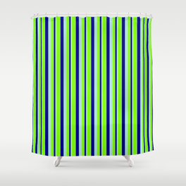 [ Thumbnail: Powder Blue, Dark Blue, and Chartreuse Colored Lines Pattern Shower Curtain ]