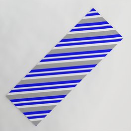 [ Thumbnail: Blue, White, and Dark Grey Colored Lined/Striped Pattern Yoga Mat ]